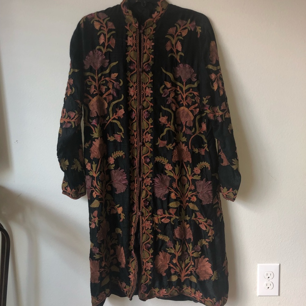 Black and Floral Long Kimono